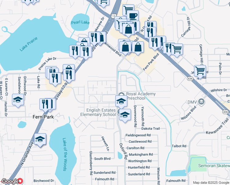 map of restaurants, bars, coffee shops, grocery stores, and more near 108 Saint Johns Circle in Fern Park