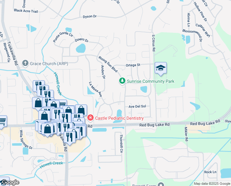 map of restaurants, bars, coffee shops, grocery stores, and more near 1365 San Diego Court in Winter Springs