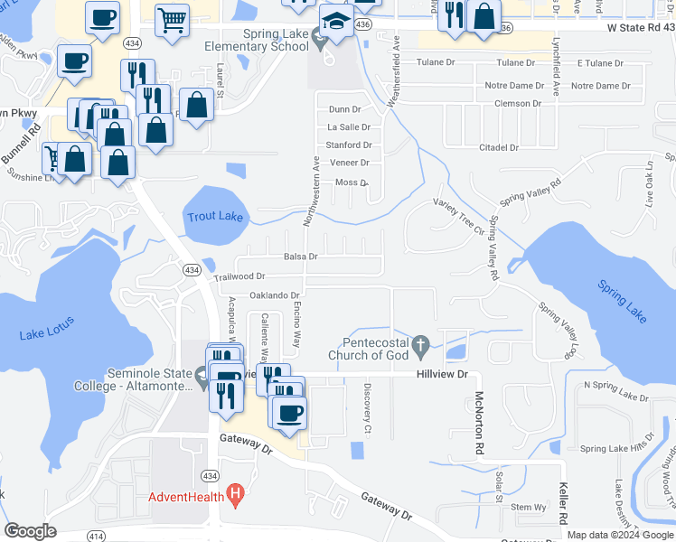 map of restaurants, bars, coffee shops, grocery stores, and more near 658 Trailwood Drive in Altamonte Springs