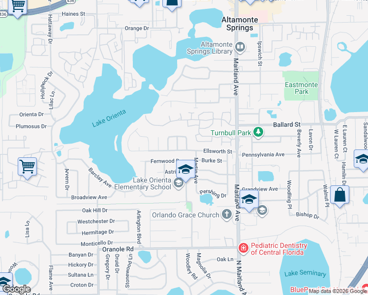 map of restaurants, bars, coffee shops, grocery stores, and more near 606 Dearborn Avenue in Altamonte Springs