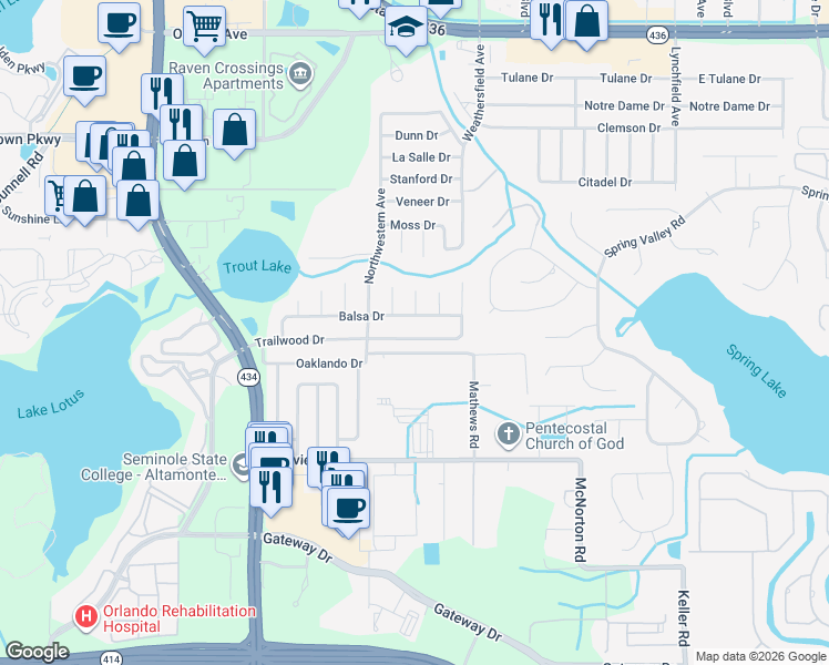 map of restaurants, bars, coffee shops, grocery stores, and more near 658 Trailwood Drive in Altamonte Springs