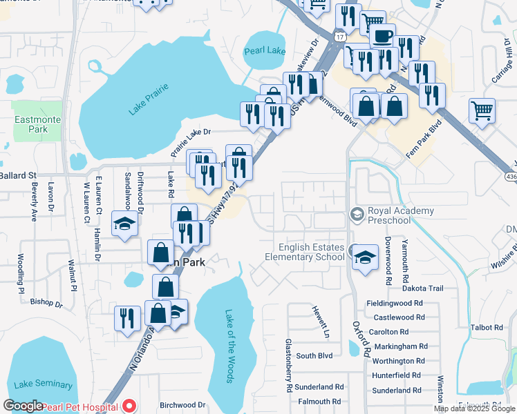 map of restaurants, bars, coffee shops, grocery stores, and more near 1524 Pickwood Avenue in Fern Park