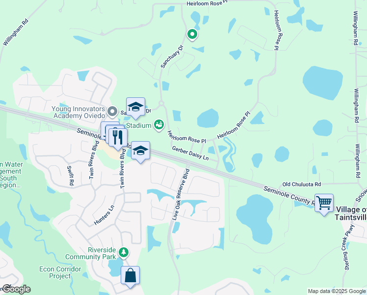 map of restaurants, bars, coffee shops, grocery stores, and more near 3409 Gerber Daisy Lane in Oviedo
