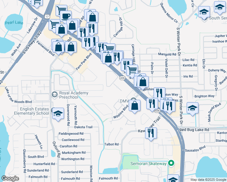 map of restaurants, bars, coffee shops, grocery stores, and more near 220 Maltese Circle in Fern Park