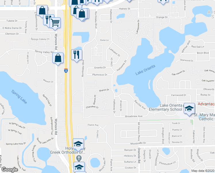 map of restaurants, bars, coffee shops, grocery stores, and more near 227 Sharon Drive in Altamonte Springs