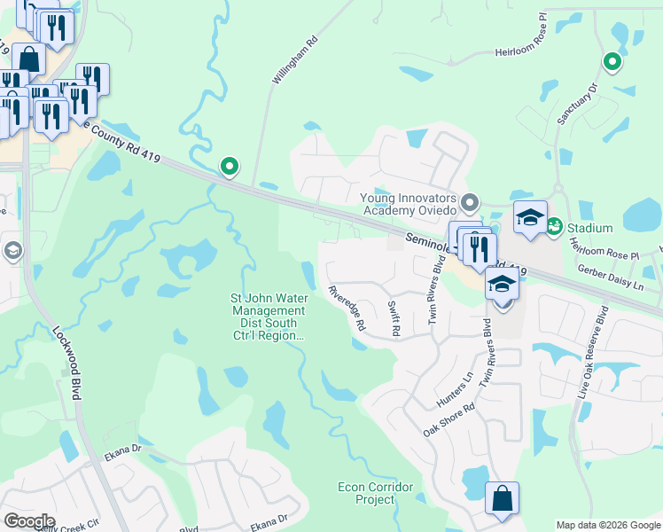 map of restaurants, bars, coffee shops, grocery stores, and more near 1925 Aquarius Court in Oviedo
