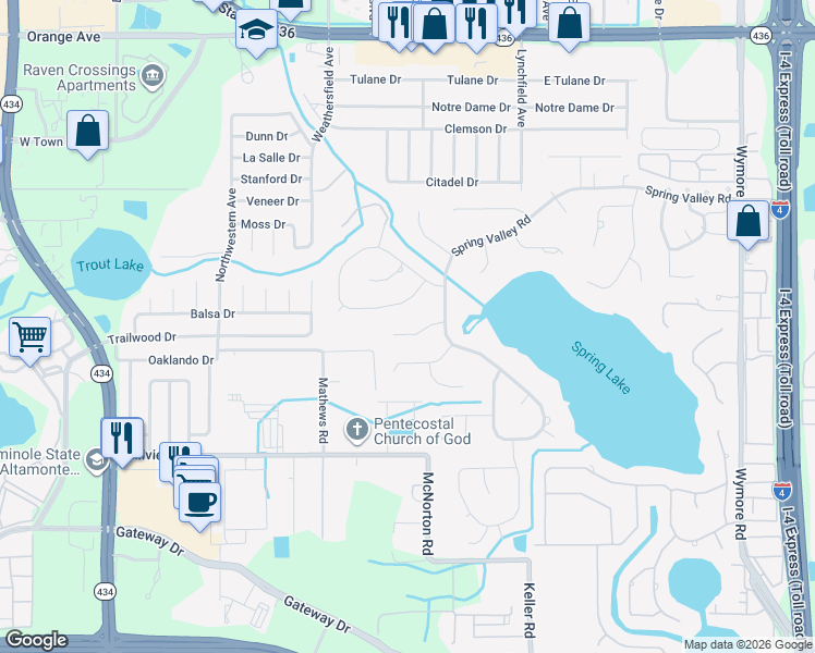 map of restaurants, bars, coffee shops, grocery stores, and more near 107 Pine Tree Lane in Altamonte Springs