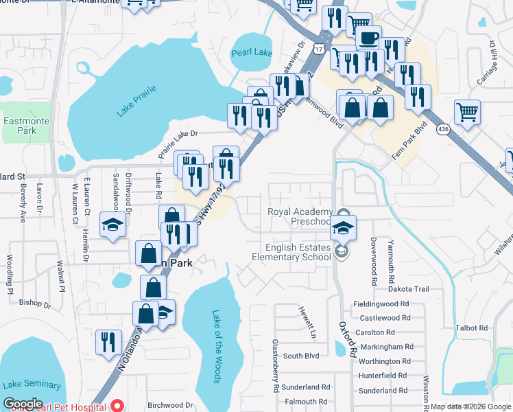 map of restaurants, bars, coffee shops, grocery stores, and more near 1524 Pickwood Avenue in Fern Park