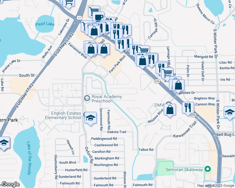 map of restaurants, bars, coffee shops, grocery stores, and more near 210 Waverly Drive in Casselberry