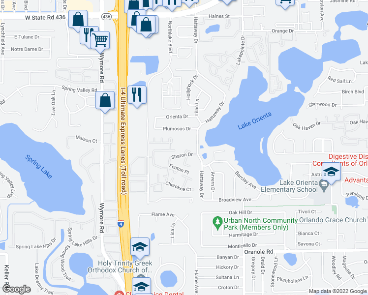 map of restaurants, bars, coffee shops, grocery stores, and more near 227 Sharon Drive in Altamonte Springs