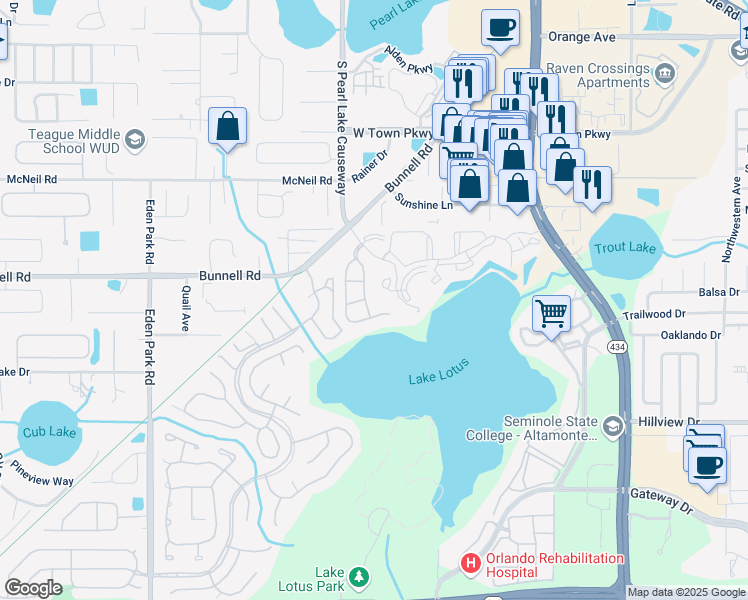map of restaurants, bars, coffee shops, grocery stores, and more near 583 Brantley Terrace Way in Altamonte Springs
