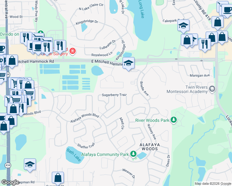 map of restaurants, bars, coffee shops, grocery stores, and more near 1051 Sugarberry Trail in Oviedo