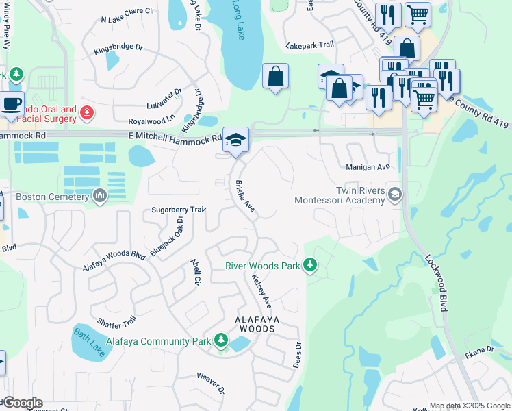 map of restaurants, bars, coffee shops, grocery stores, and more near 1010 Brielle Avenue in Oviedo