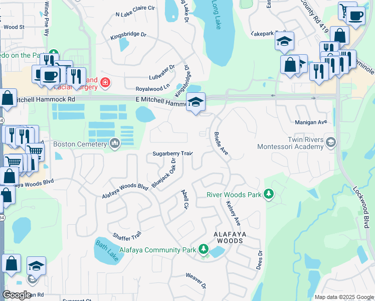 map of restaurants, bars, coffee shops, grocery stores, and more near 1063 Sugarberry Trail in Oviedo