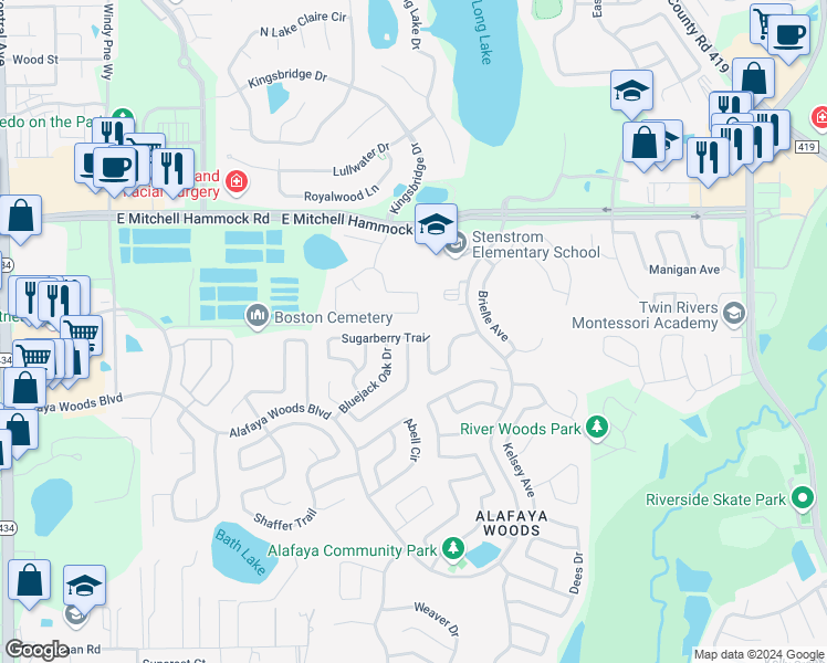 map of restaurants, bars, coffee shops, grocery stores, and more near 1061 Sugarberry Trail in Oviedo