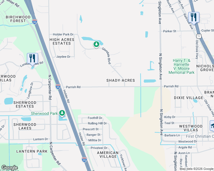 map of restaurants, bars, coffee shops, grocery stores, and more near 3648 West Parrish Road in Mims