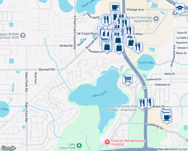 map of restaurants, bars, coffee shops, grocery stores, and more near 1054 Lotus Cove Court in Altamonte Springs