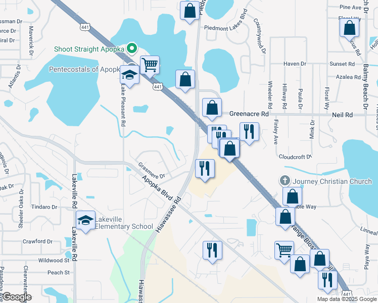 map of restaurants, bars, coffee shops, grocery stores, and more near 2198 Meadow Court in Apopka