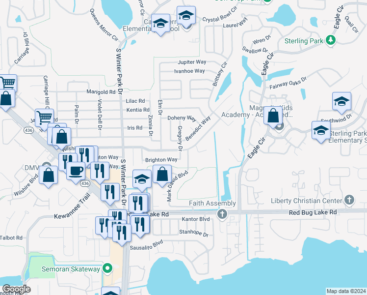 map of restaurants, bars, coffee shops, grocery stores, and more near 523 Wilshire Drive in Casselberry