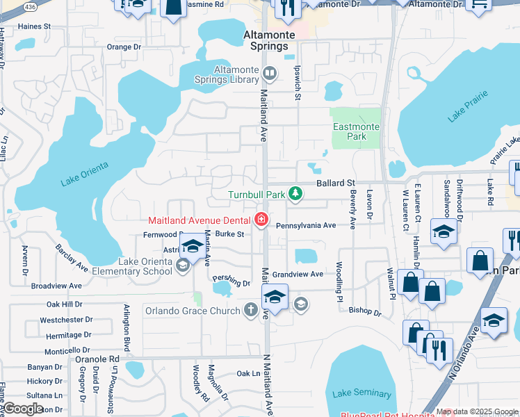 map of restaurants, bars, coffee shops, grocery stores, and more near 639 Ellsworth Street in Altamonte Springs