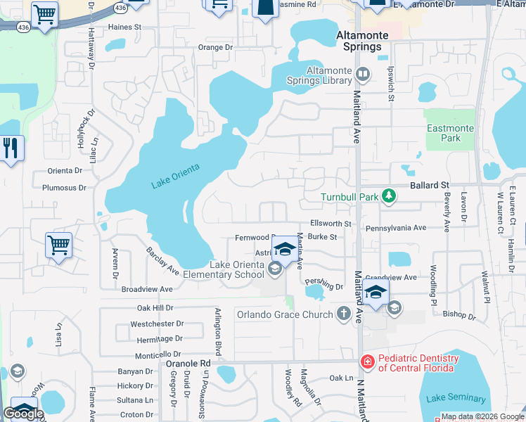 map of restaurants, bars, coffee shops, grocery stores, and more near 608 Webster Avenue in Altamonte Springs