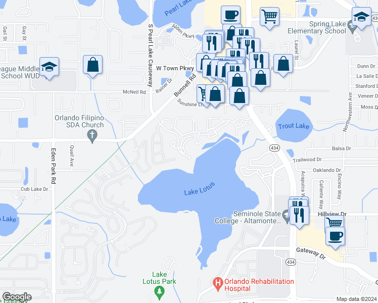 map of restaurants, bars, coffee shops, grocery stores, and more near 1054 Lotus Cove Court in Altamonte Springs