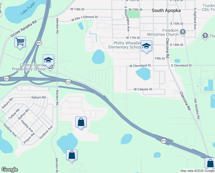 map of restaurants, bars, coffee shops, grocery stores, and more near Maitland Boulevard Extension in Apopka