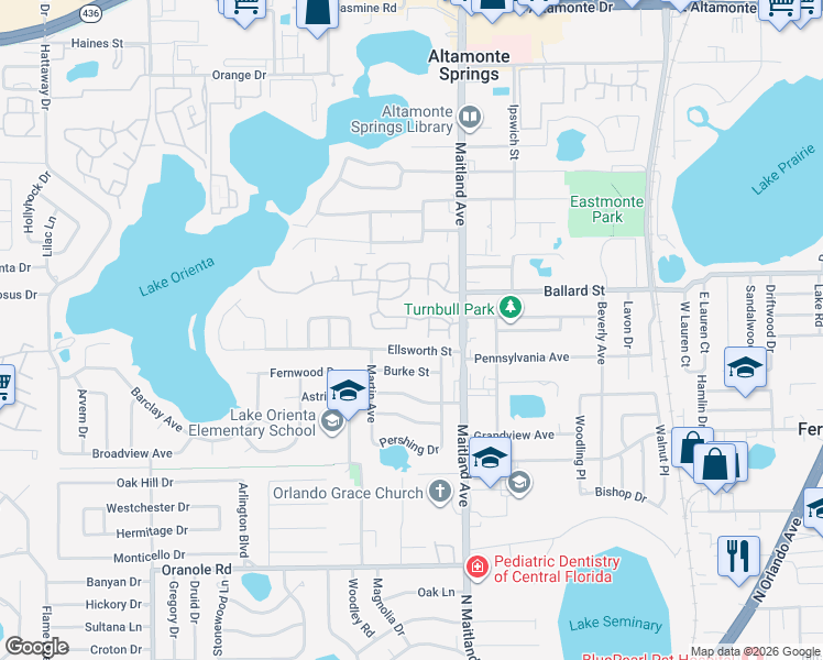 map of restaurants, bars, coffee shops, grocery stores, and more near 627 Ellsworth Street in Altamonte Springs