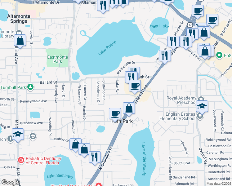 map of restaurants, bars, coffee shops, grocery stores, and more near 308 Ridge Road in Fern Park