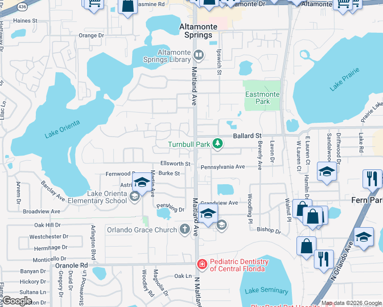 map of restaurants, bars, coffee shops, grocery stores, and more near 685 Scarlet Oak Circle in Altamonte Springs