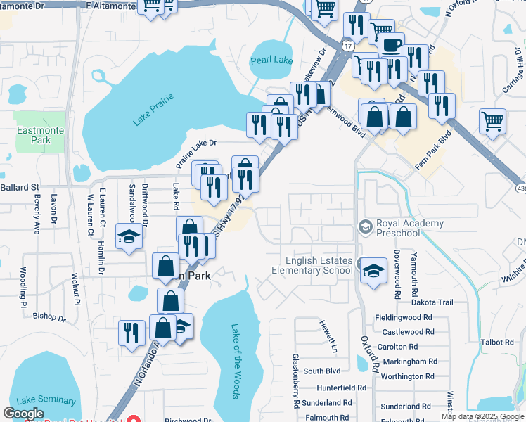 map of restaurants, bars, coffee shops, grocery stores, and more near 1524 Pickwood Avenue in Fern Park
