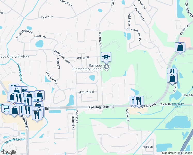 map of restaurants, bars, coffee shops, grocery stores, and more near 1344 Via Villanova Way in Winter Springs