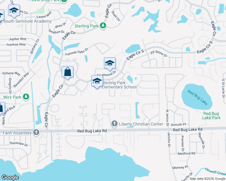 map of restaurants, bars, coffee shops, grocery stores, and more near 1295 Bridlebrook Drive in Casselberry