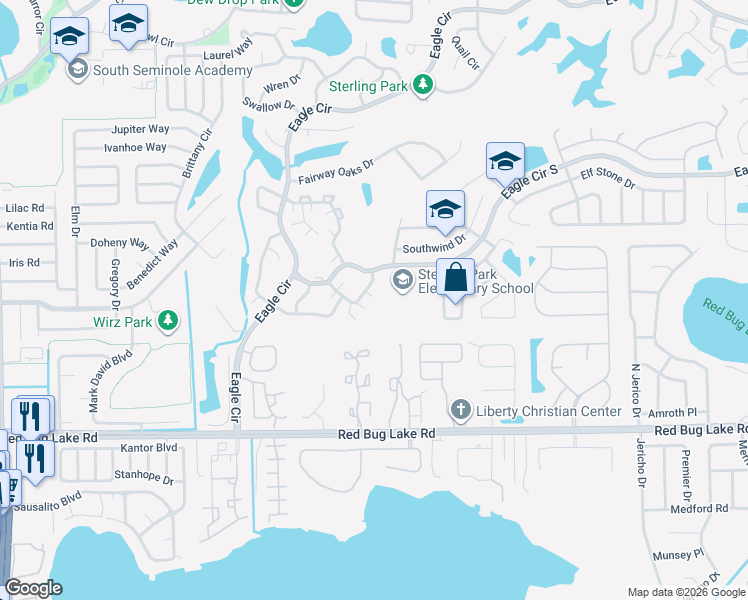 map of restaurants, bars, coffee shops, grocery stores, and more near 905 South Eagle Circle in Casselberry