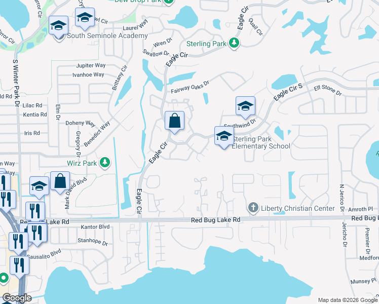 map of restaurants, bars, coffee shops, grocery stores, and more near 201 Spring Wind Way in Casselberry
