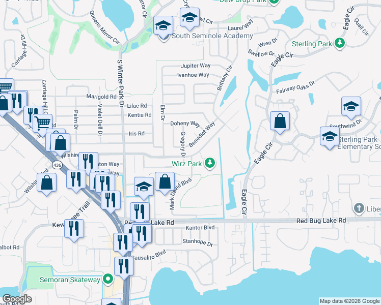 map of restaurants, bars, coffee shops, grocery stores, and more near 802 Mark David Boulevard in Casselberry