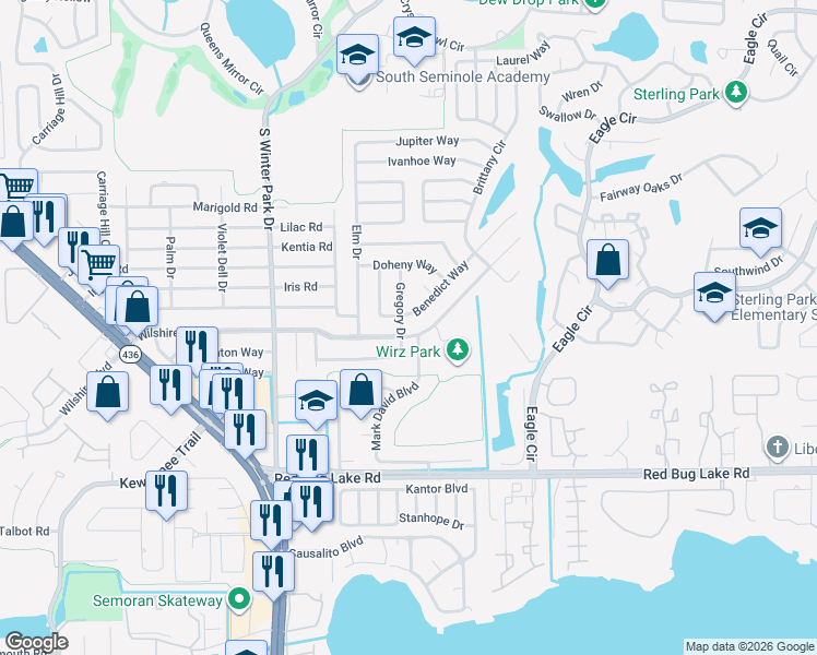 map of restaurants, bars, coffee shops, grocery stores, and more near 523 Wilshire Drive in Casselberry