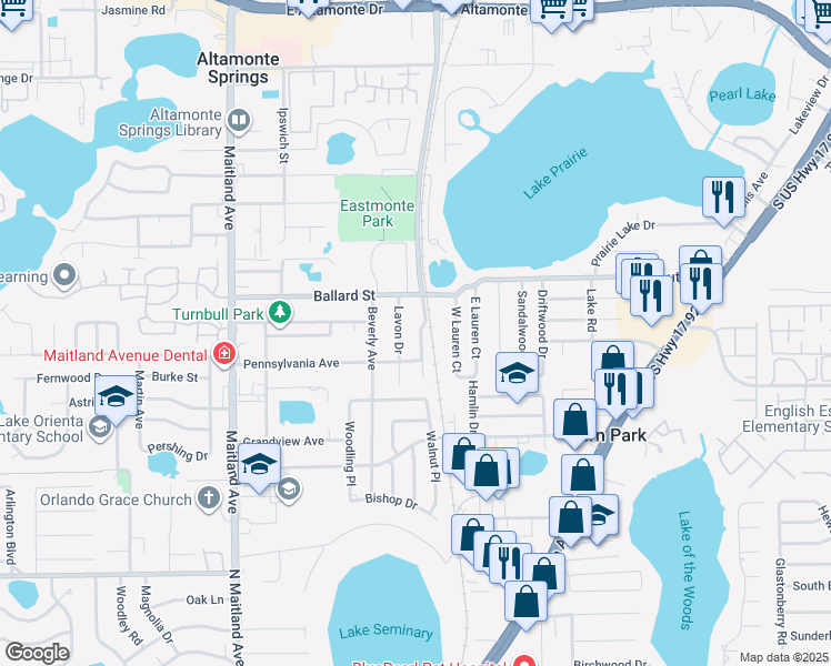 map of restaurants, bars, coffee shops, grocery stores, and more near 531 Camino Court in Altamonte Springs