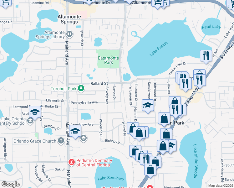 map of restaurants, bars, coffee shops, grocery stores, and more near 531 Camino Court in Altamonte Springs