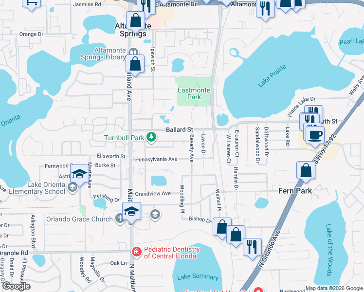 map of restaurants, bars, coffee shops, grocery stores, and more near 839 Pennsylvania Avenue in Altamonte Springs