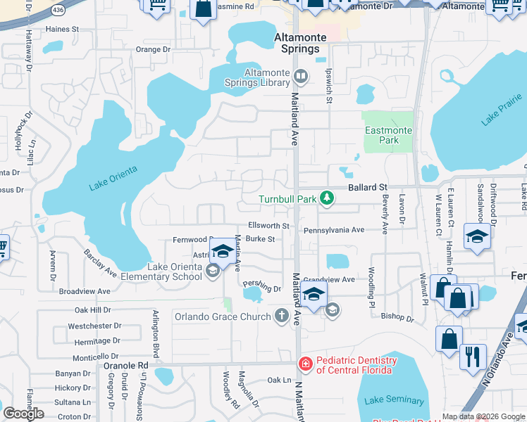 map of restaurants, bars, coffee shops, grocery stores, and more near 627 Ellsworth Street in Altamonte Springs