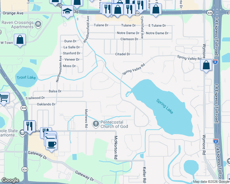 map of restaurants, bars, coffee shops, grocery stores, and more near 107 Pine Tree Lane in Altamonte Springs