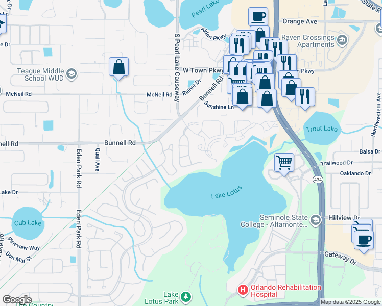 map of restaurants, bars, coffee shops, grocery stores, and more near 583 Brantley Terrace Way in Altamonte Springs