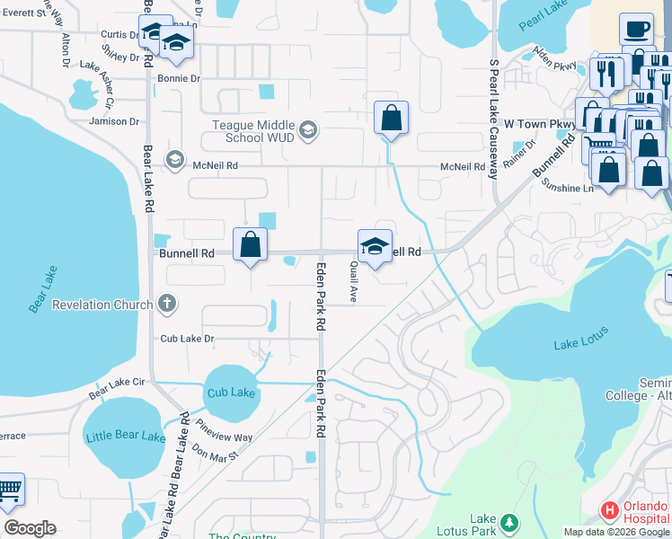 map of restaurants, bars, coffee shops, grocery stores, and more near 595 Eden Park Road in Altamonte Springs