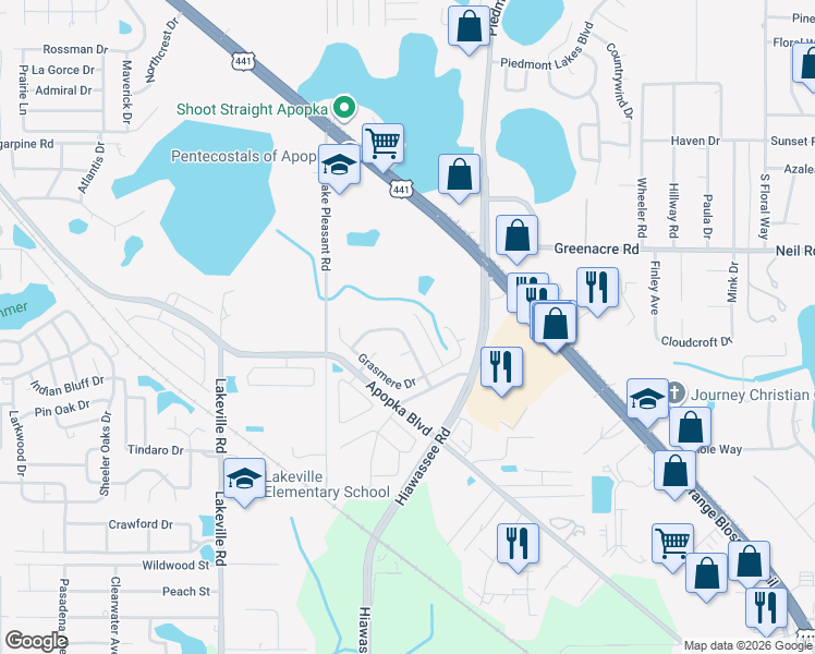 map of restaurants, bars, coffee shops, grocery stores, and more near 1780 Waterbeach Court in Apopka