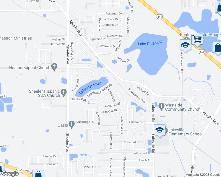 map of restaurants, bars, coffee shops, grocery stores, and more near 1763 Iroquois Drive in Apopka