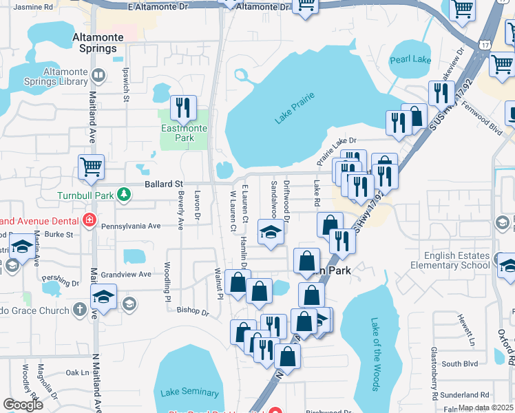 map of restaurants, bars, coffee shops, grocery stores, and more near 121 Highland Drive in Casselberry