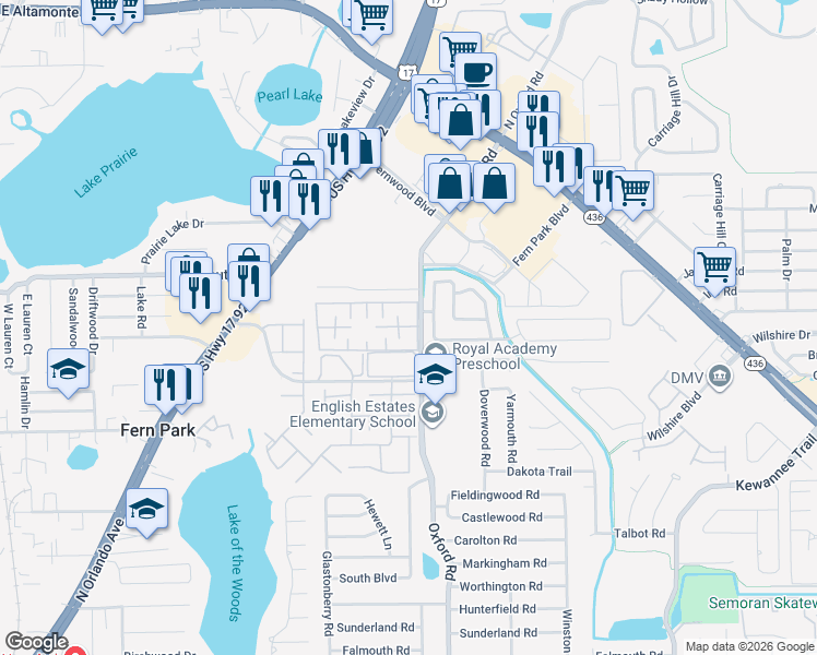 map of restaurants, bars, coffee shops, grocery stores, and more near 2174 Sharp Court in Fern Park