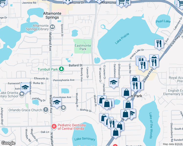 map of restaurants, bars, coffee shops, grocery stores, and more near 531 Camino Court in Altamonte Springs