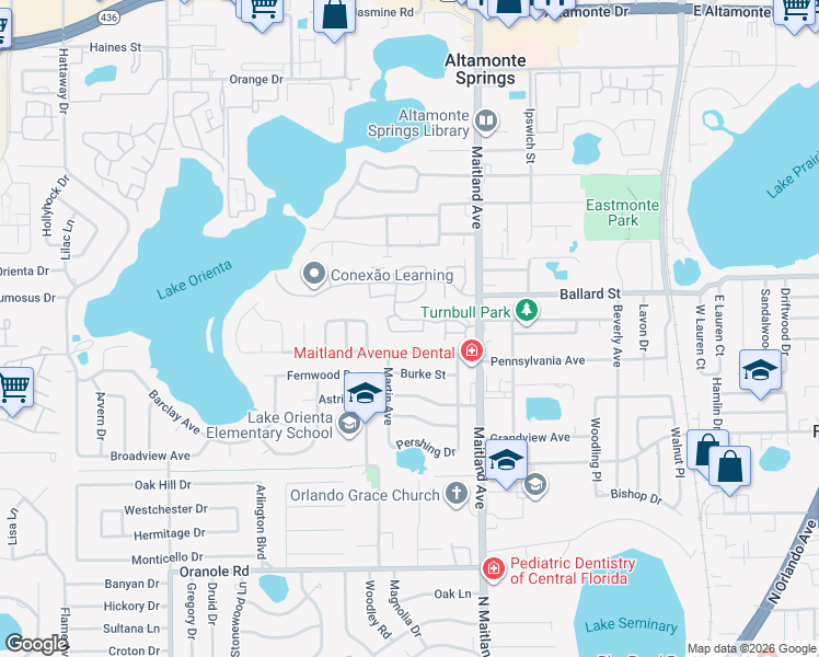 map of restaurants, bars, coffee shops, grocery stores, and more near 615 Ellsworth Street in Altamonte Springs